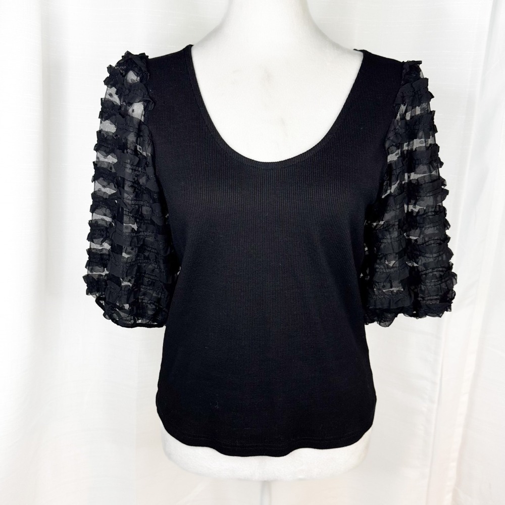 Dolan Womens M Black Mixed Media Top Sheer Ruffle Lace Puff Sleeve Blouse EUC